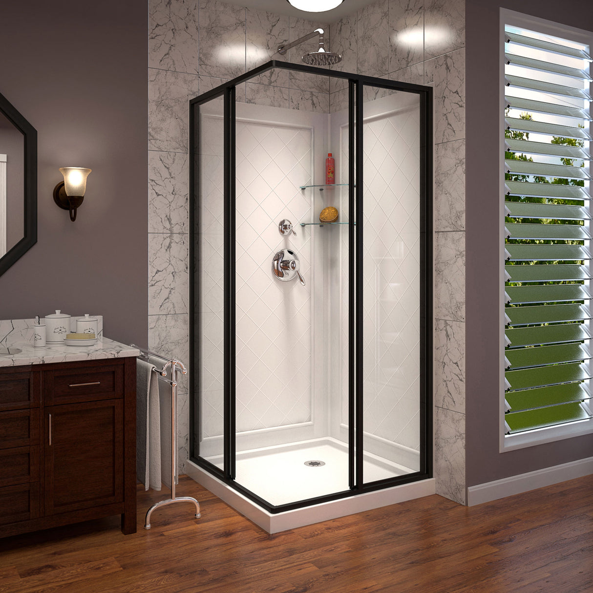 DreamLine Cornerview 36 in. D x 36 in. W Framed Sliding Shower Enclosure, Shower Base and Acrylic Wall Kit in Satin Black