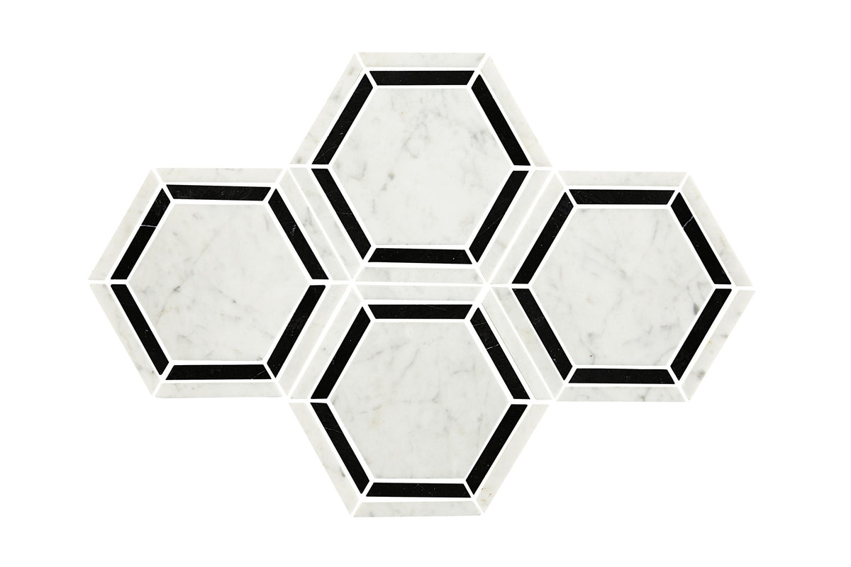 Daltile Marble Black/White Hexagon 6 Straight Edge Polished Mosaic Natural Stone Tile