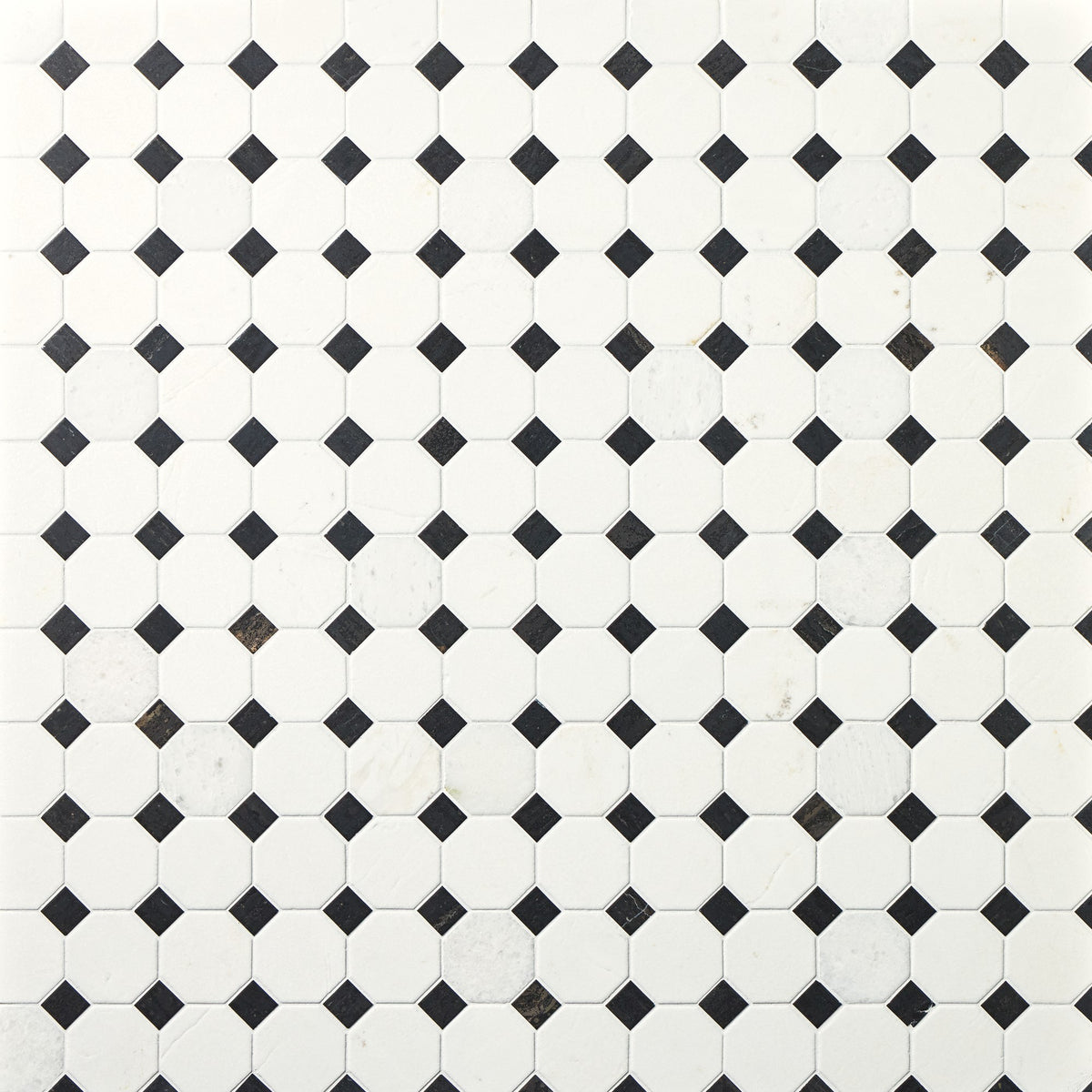 Daltile Renderra Lyon Black and White Courtyard Oct Dot Octagon and Dot Brushed Mosaic Natural Stone Tile