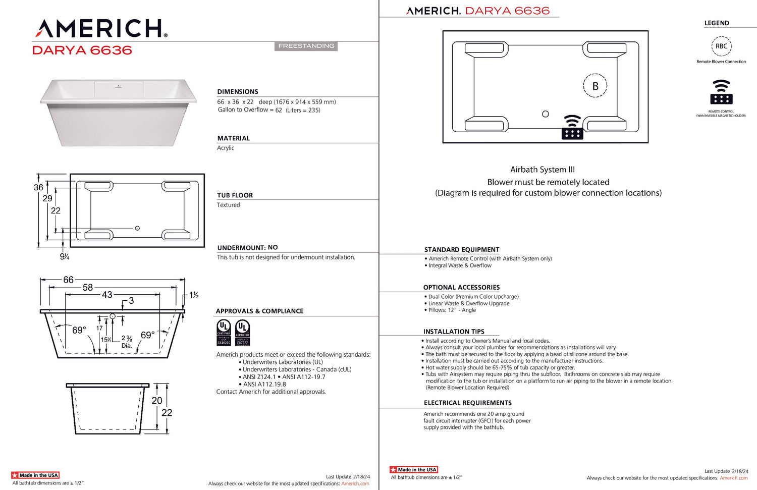 Americh DY6636T-WH Darya 6636 - Tub Only - White