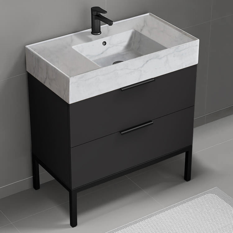 Black Bathroom Vanity With Marble Design Sink, Modern, Free Standing, 32"