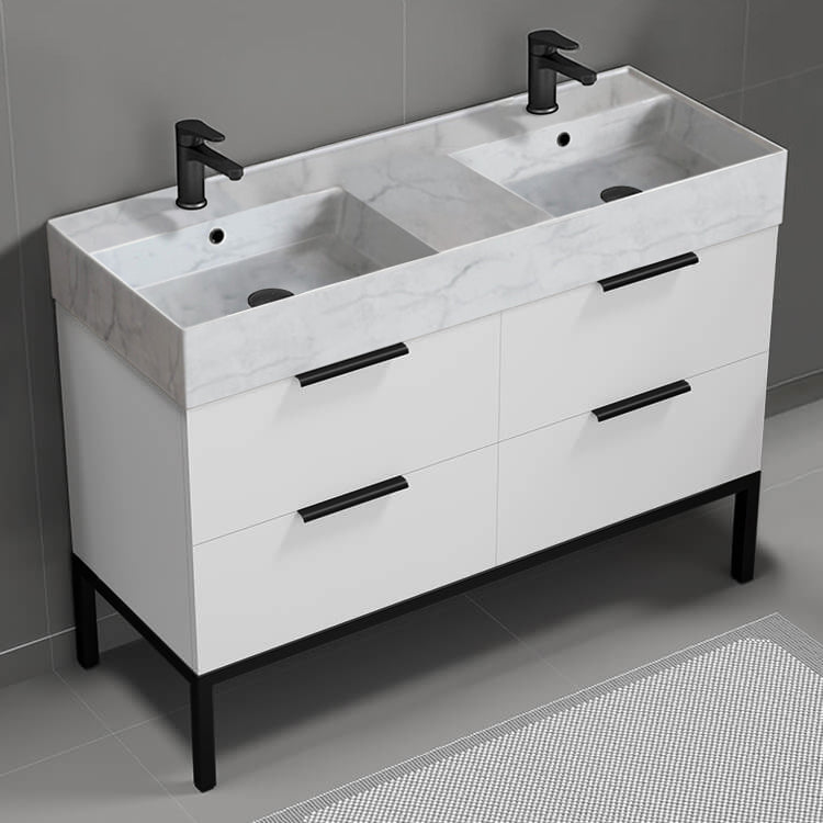 48" Bathroom Vanity With Marble Design Sink, Double Sink, Free Standing, Modern, Glossy White