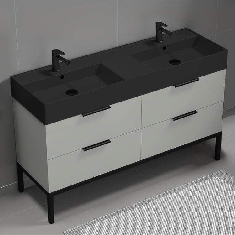 56" Bathroom Vanity With Black Sink, Double Sink, Free Standing, Modern, Grey Mist