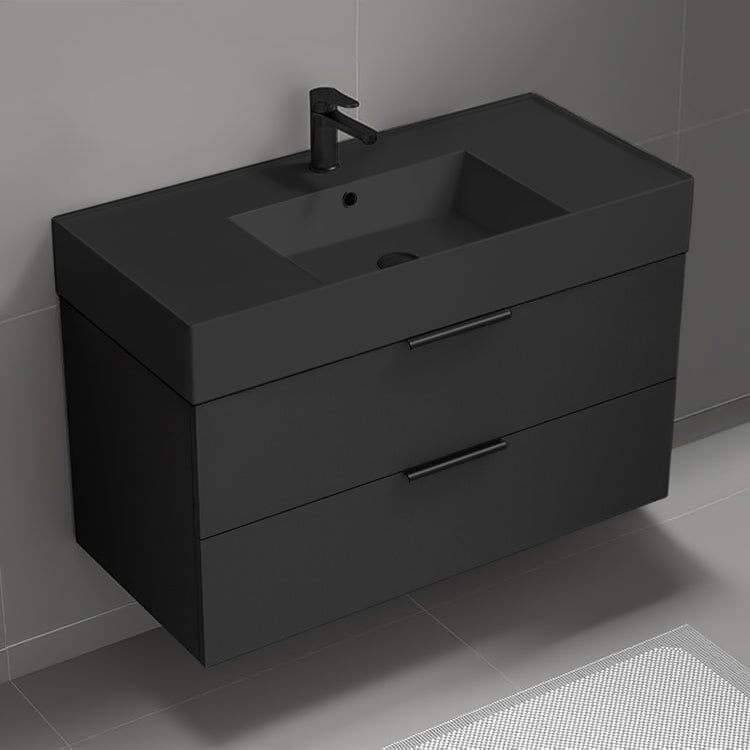 Wall Mounted Bathroom Vanity With Black Sink, Modern, Single, 40", Matte Black