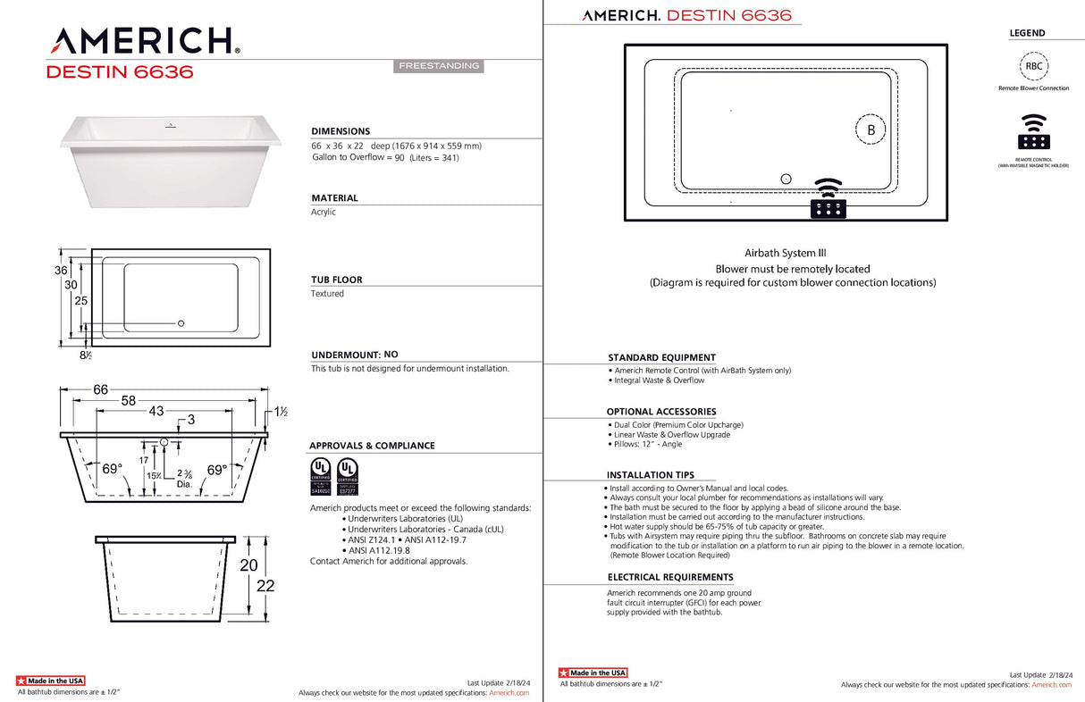 Americh DN6636T-WH Destin 6636 - Tub Only - White