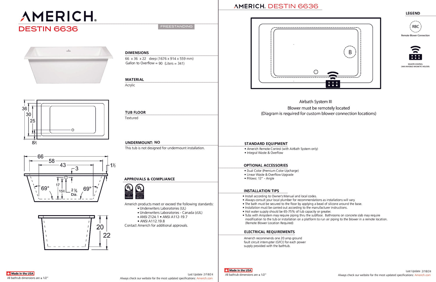 Americh DN6636T-WH Destin 6636 - Tub Only - White