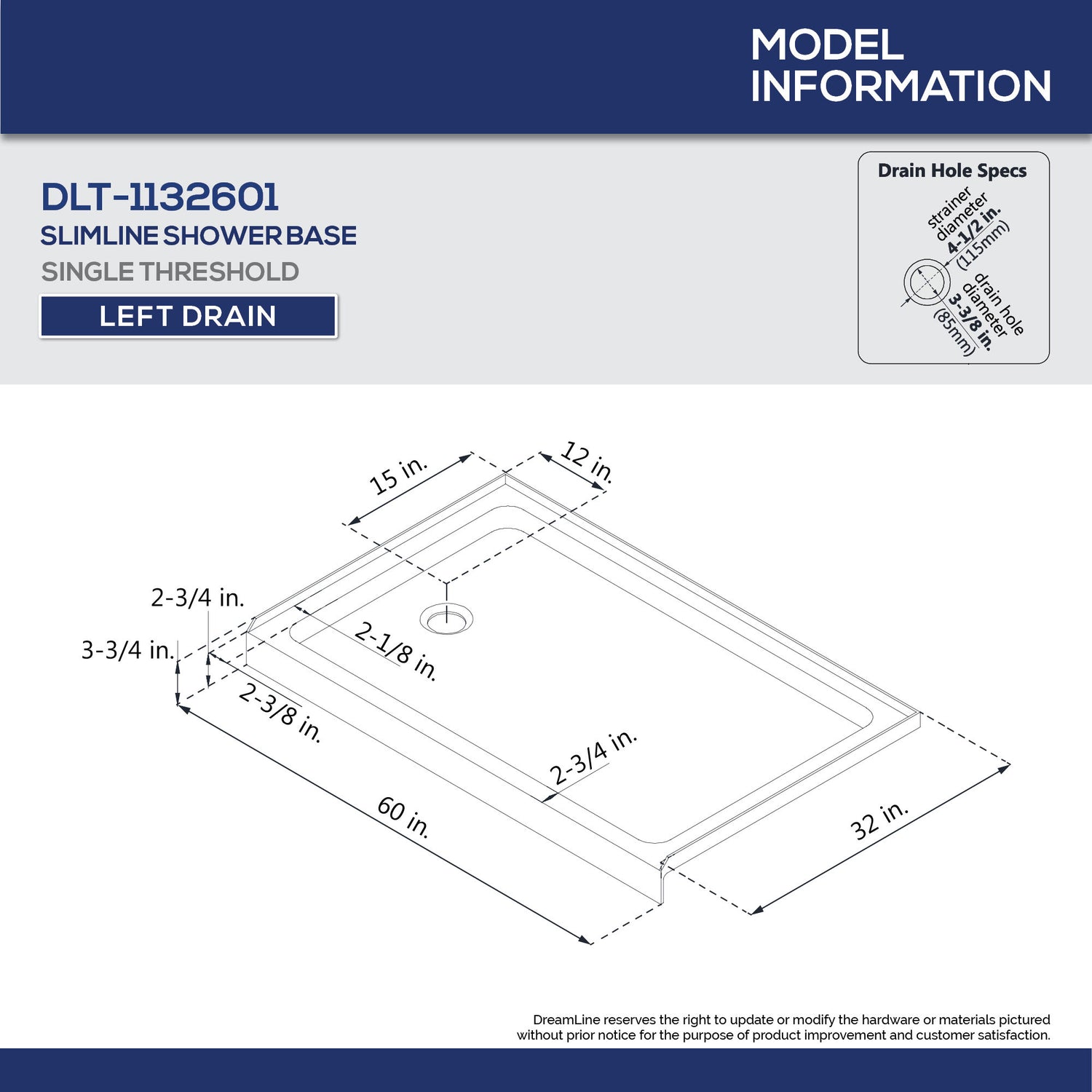 DreamLine 32 in. D x 60 in. W x 76 3/4 in. H Left Drain Acrylic Shower Base and QWALL-5 Wall Kit In White