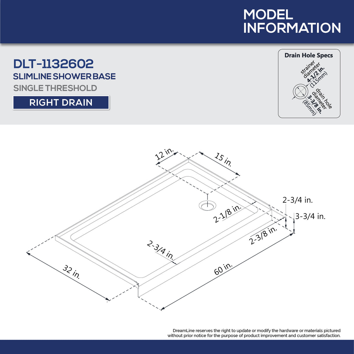 DreamLine Charisma 32 in. D x 60 in. W x 78 3/4 in. H Frameless Bypass Shower Door in Brushed Nickel with Right Drain Biscuit Base