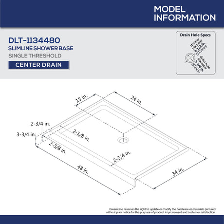 DreamLine 34 in. D x 48 in. W x 76 3/4 in. H Center Drain Acrylic Shower Base and QWALL-5 Wall Kit In White