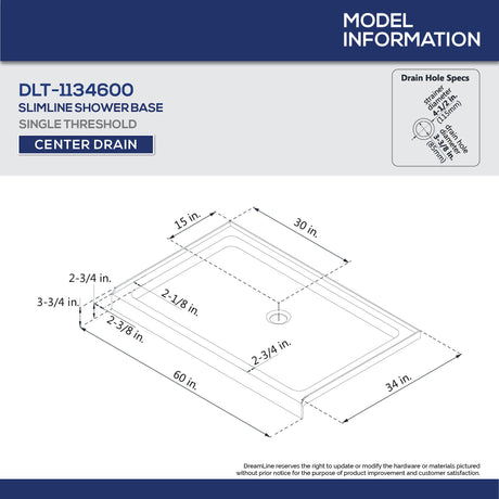 DreamLine 34 in. D x 60 in. W x 76 3/4 in. H Center Drain Acrylic Shower Base and QWALL-5 Wall Kit In White