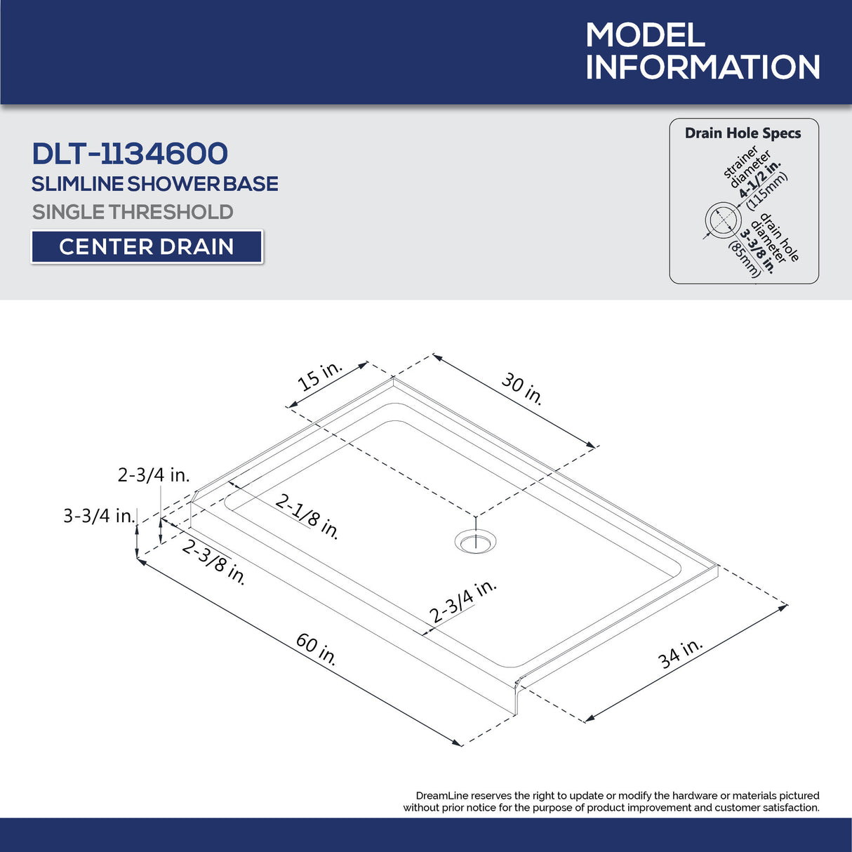 DreamLine Visions 34 in. D x 60 in. W x 74 3/4 in. H Sliding Shower Door in Brushed Nickel with Center Drain Biscuit Shower Base