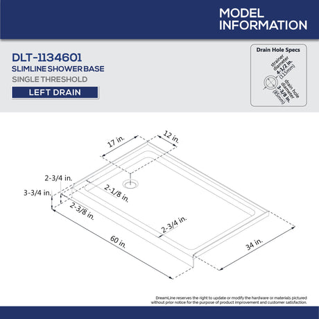 DreamLine 34 in. D x 60 in. W x 76 3/4 in. H Left Drain Acrylic Shower Base and QWALL-5 Wall Kit In White