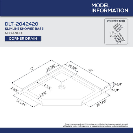 DreamLine 42 in. x 42 in. x 76 3/4 in. H Neo-Angle Shower Base and QWALL-4 Acrylic Corner Wall Kit in White