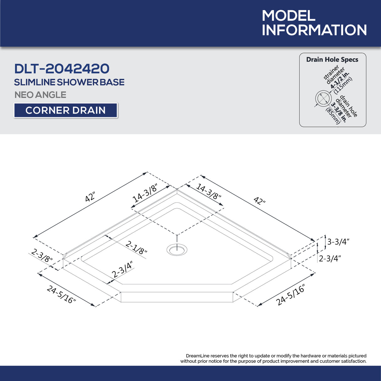 DreamLine Prism Plus 42 in. x 74 3/4 in. Frameless Neo-Angle Shower Enclosure in Chrome with White Base
