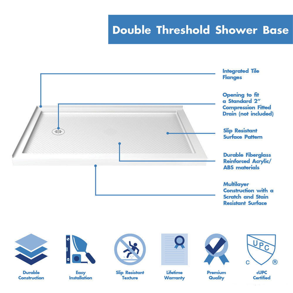 DreamLine Flex 36 in. D x 60 in. W x 74 3/4 in. H Semi-Frameless Pivot Shower Enclosure in Chrome with Left Drain White Base Kit