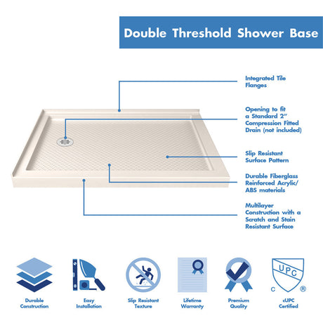 DreamLine SlimLine 34 in. D x 48 in. W x 2 3/4 in. H Left Drain Double Threshold Shower Base in Biscuit