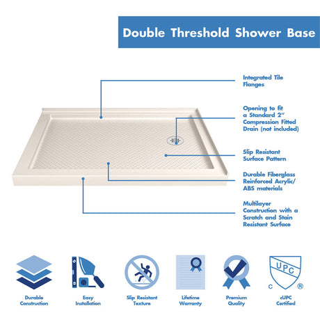 DreamLine SlimLine 36 in. D x 48 in. W x 2 3/4 in. H Right Drain Double Threshold Shower Base in Biscuit