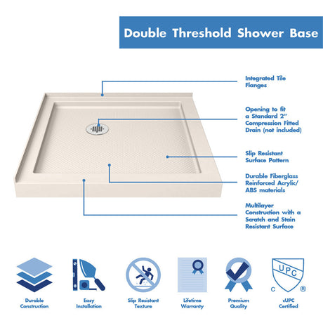 DreamLine SlimLine 42 in. D x 42 in. W x 2 3/4 in. H Double Threshold Shower Base in Biscuit