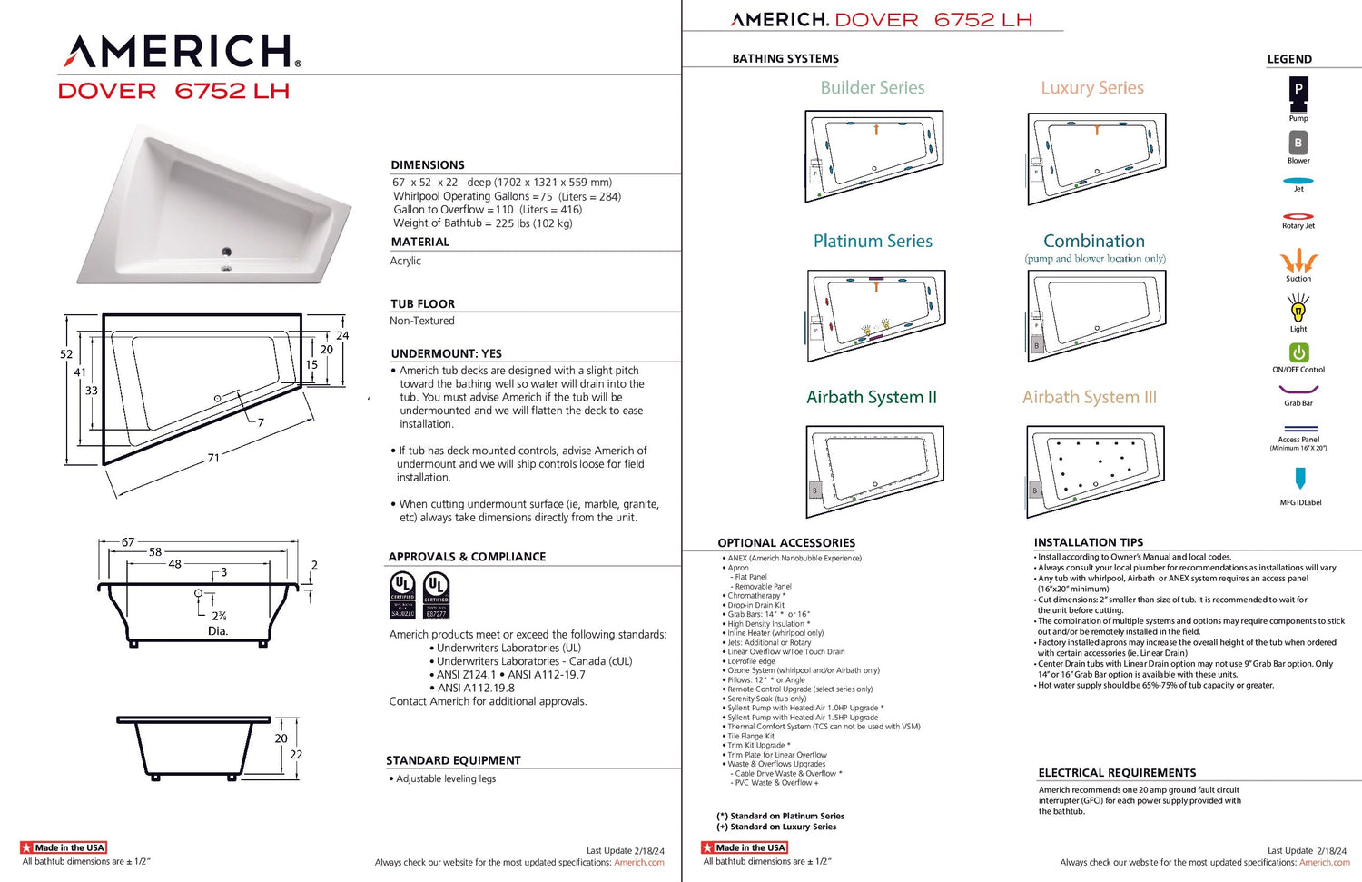 Americh DV6752TLA2-WH Dover 6752 Left Hand - Tub Only / Airbath 2 - White