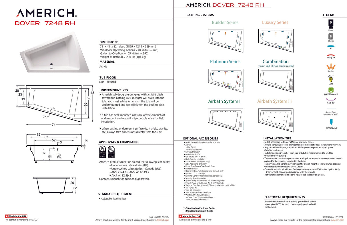 Americh DV7248TRA2-WH Dover 7248 Right Hand - Tub Only / Airbath 2 - White