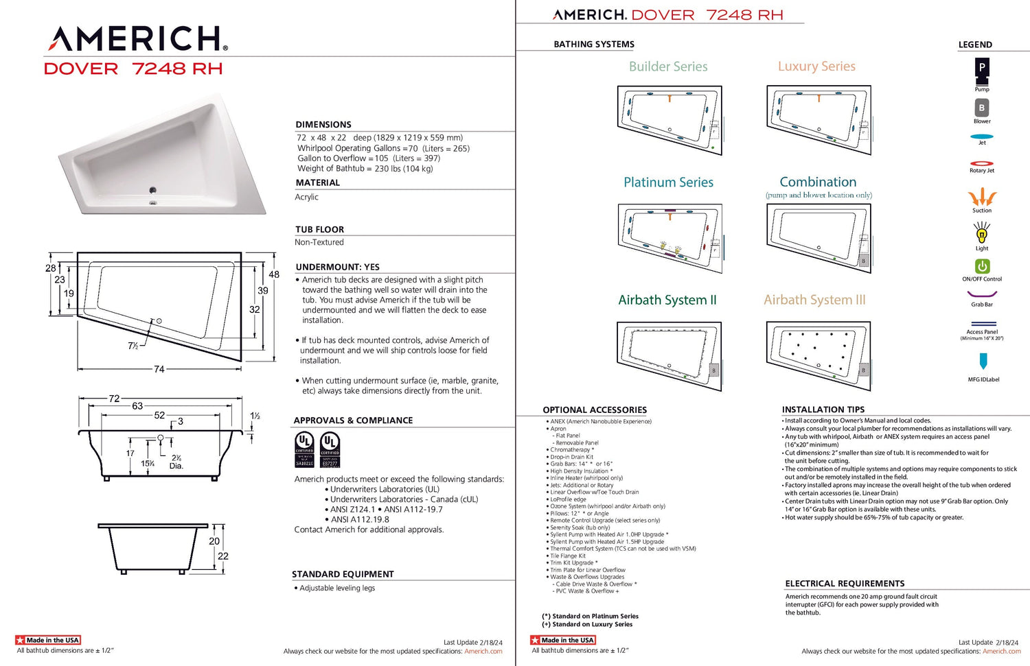 Americh DV7248TRA2-WH Dover 7248 Right Hand - Tub Only / Airbath 2 - White