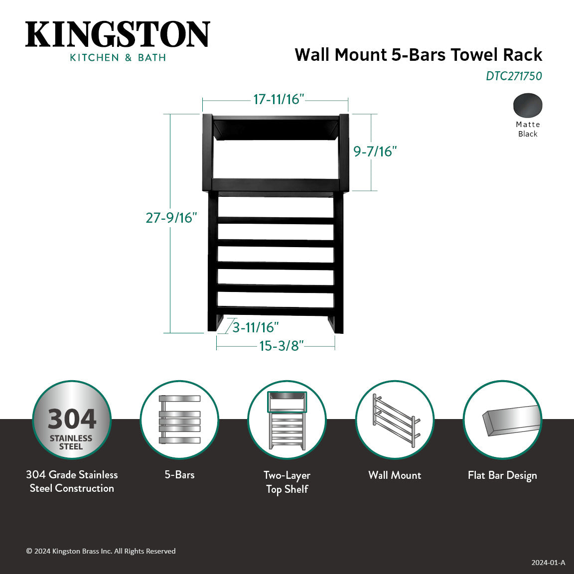 Markus DTC271750 Stainless Steel Wall Mount Towel Rack with Shelf, Matte Black