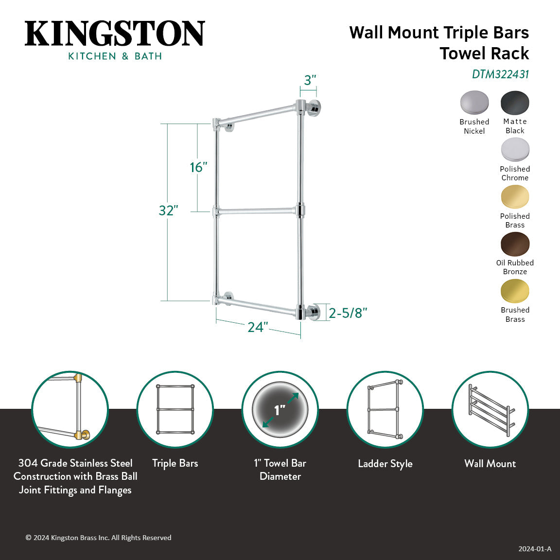 Gallant DTM322431 24-Inch Wall Mount 3-Bar Towel Rack, Polished Chrome