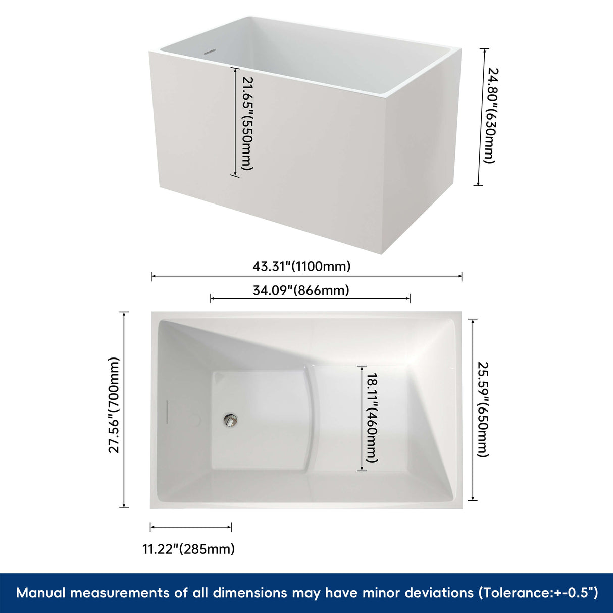 New England Home Goods Whitney 43" Freestanding Tub in White - Stone Resin Solid Surface