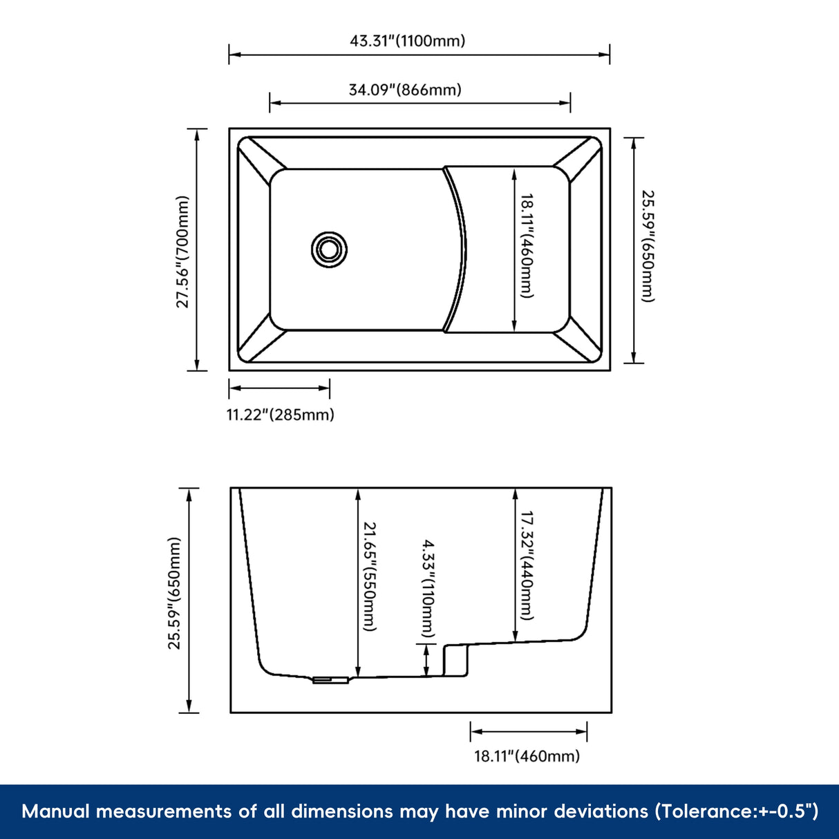 New England Home Goods Whitney 43" Freestanding Tub in White - Stone Resin Solid Surface