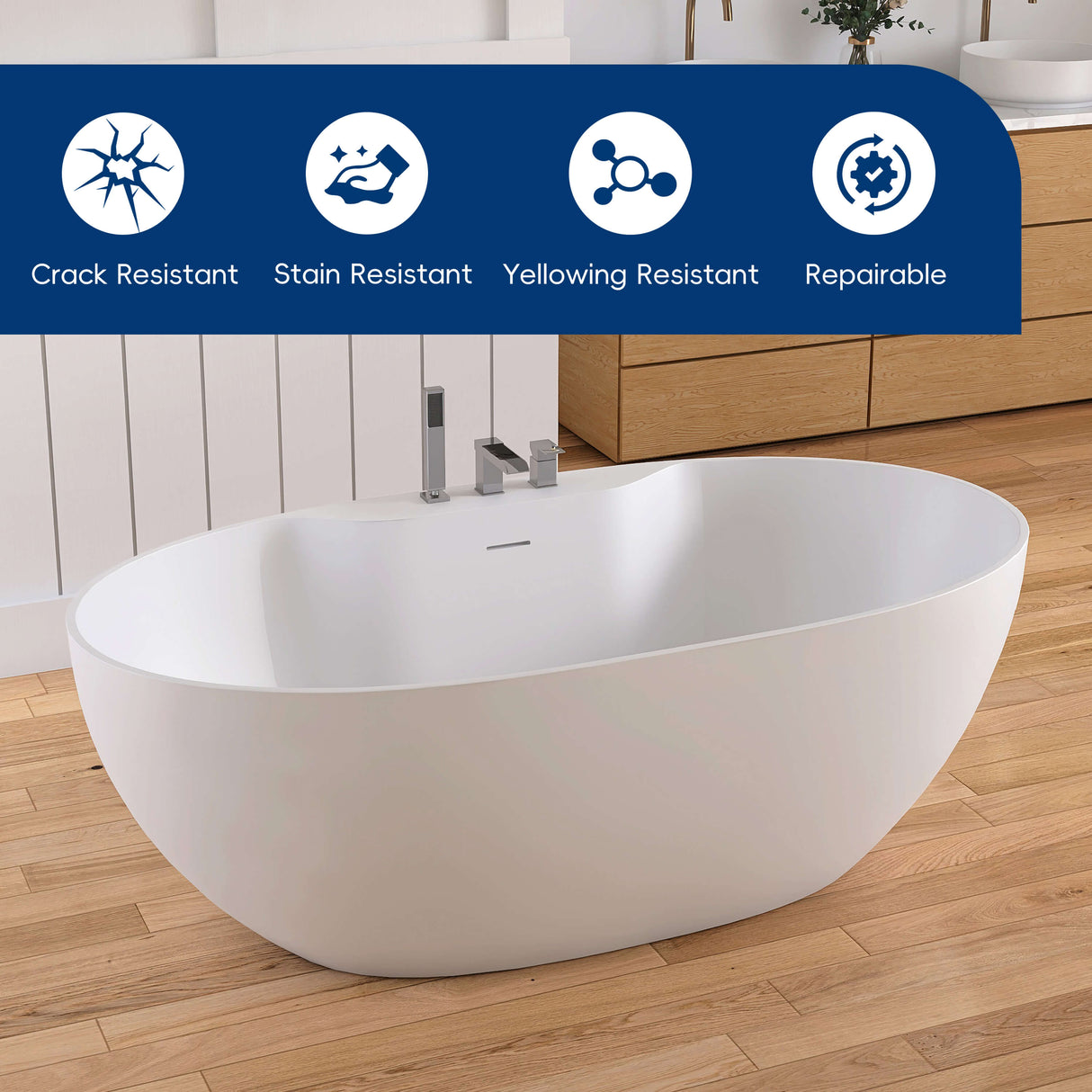 New England Home Goods Shishapangma 63" Freestanding Tub in White - Stone Resin Solid Surface