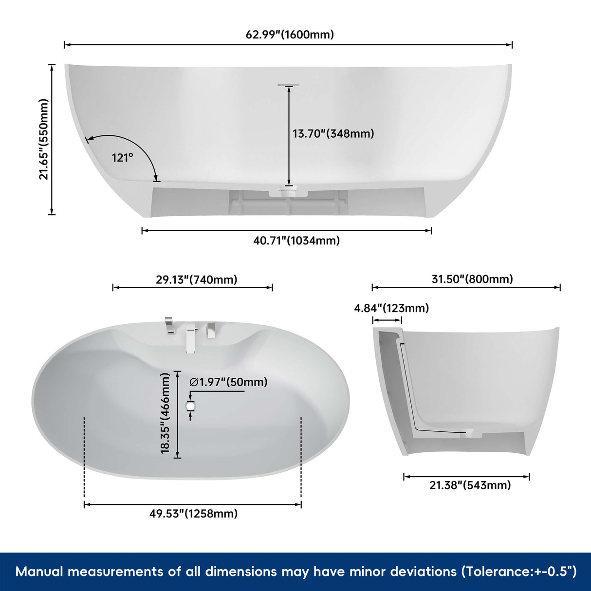 New England Home Goods Shishapangma 63" Freestanding Tub in White - Stone Resin Solid Surface