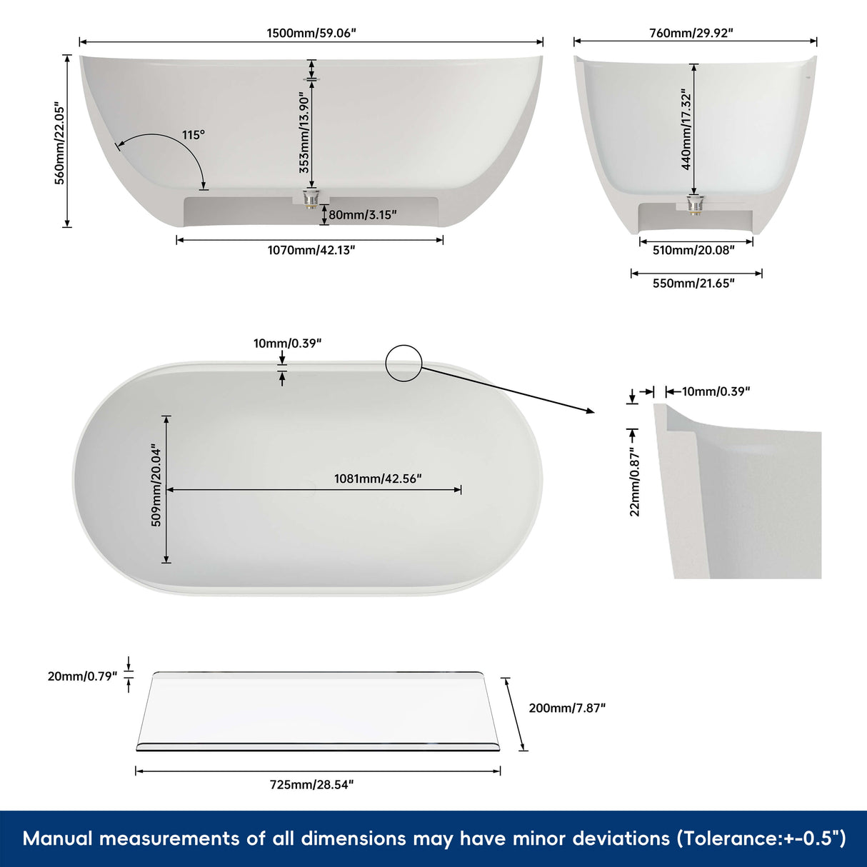 New England Home Goods Clearwater 59" Freestanding Tub in White - Stone Resin Solid Surface