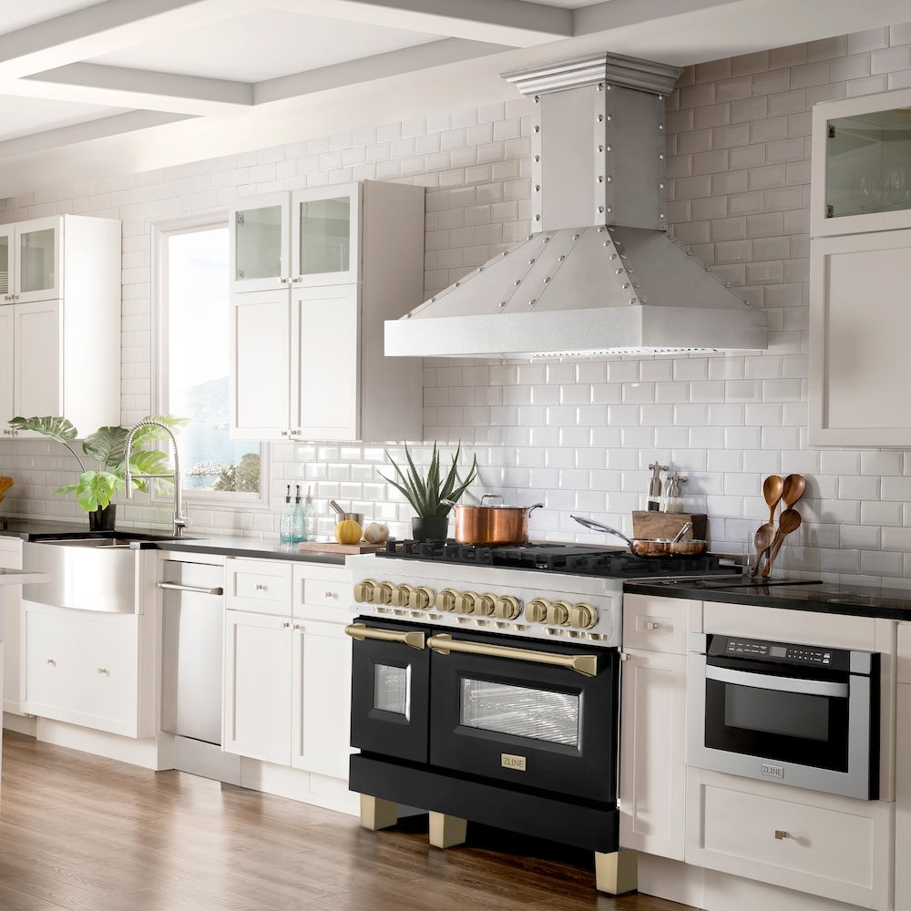 ZLINE Autograph Edition 48 in. 6.0 cu. ft. Legacy Dual Fuel Range with 7 Burner Gas Cooktop and 2 Electric Ovens in Stainless Steel with Black Matte Doors and Champagne Bronze Accents (RAZ-BLM-48-CB)