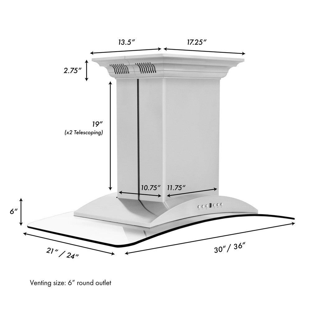 ZLINE Island Mount Range Hood in Stainless Steel with Built-in CrownSound Bluetooth Speakers (GL9iCRN-BT)