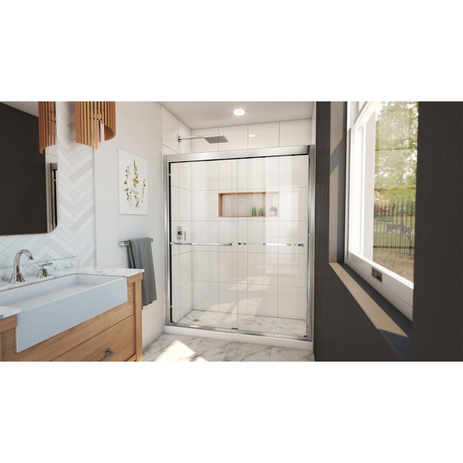 DreamLine Duet Plus 56-60 in. W x 72 in. H Semi-Frameless Bypass Sliding Shower Door in Chrome