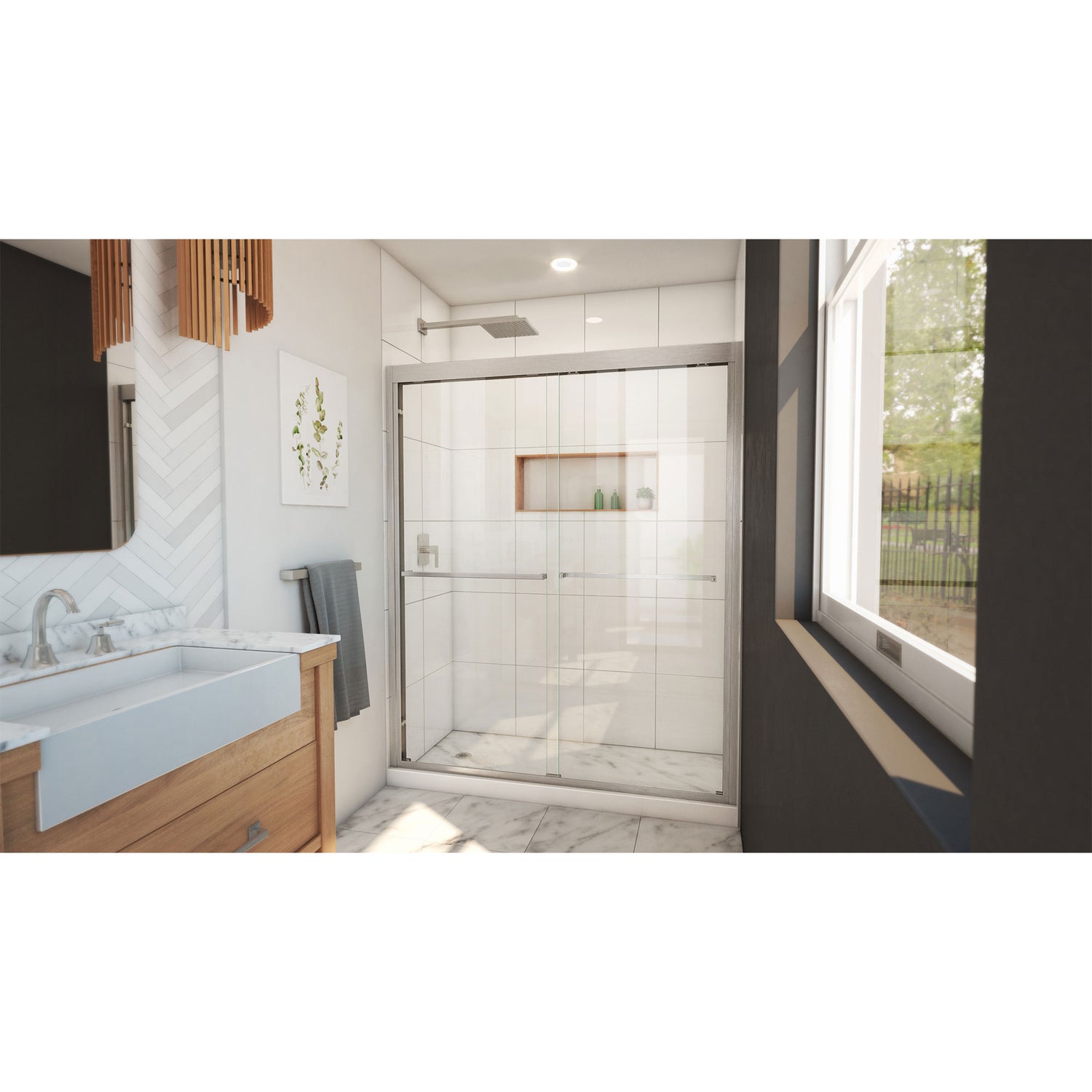 DreamLine Duet Plus 56-60 in. W x 72 in. H Semi-Frameless Bypass Sliding Shower Door in Brushed Nickel