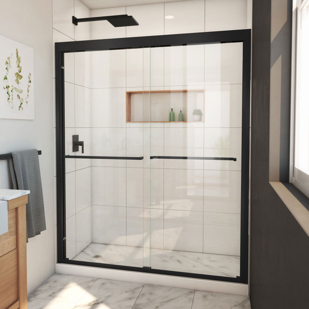 DreamLine Duet Plus 56-60 in. W x 72 in. H Semi-Frameless Bypass Sliding Shower Door in Satin Black