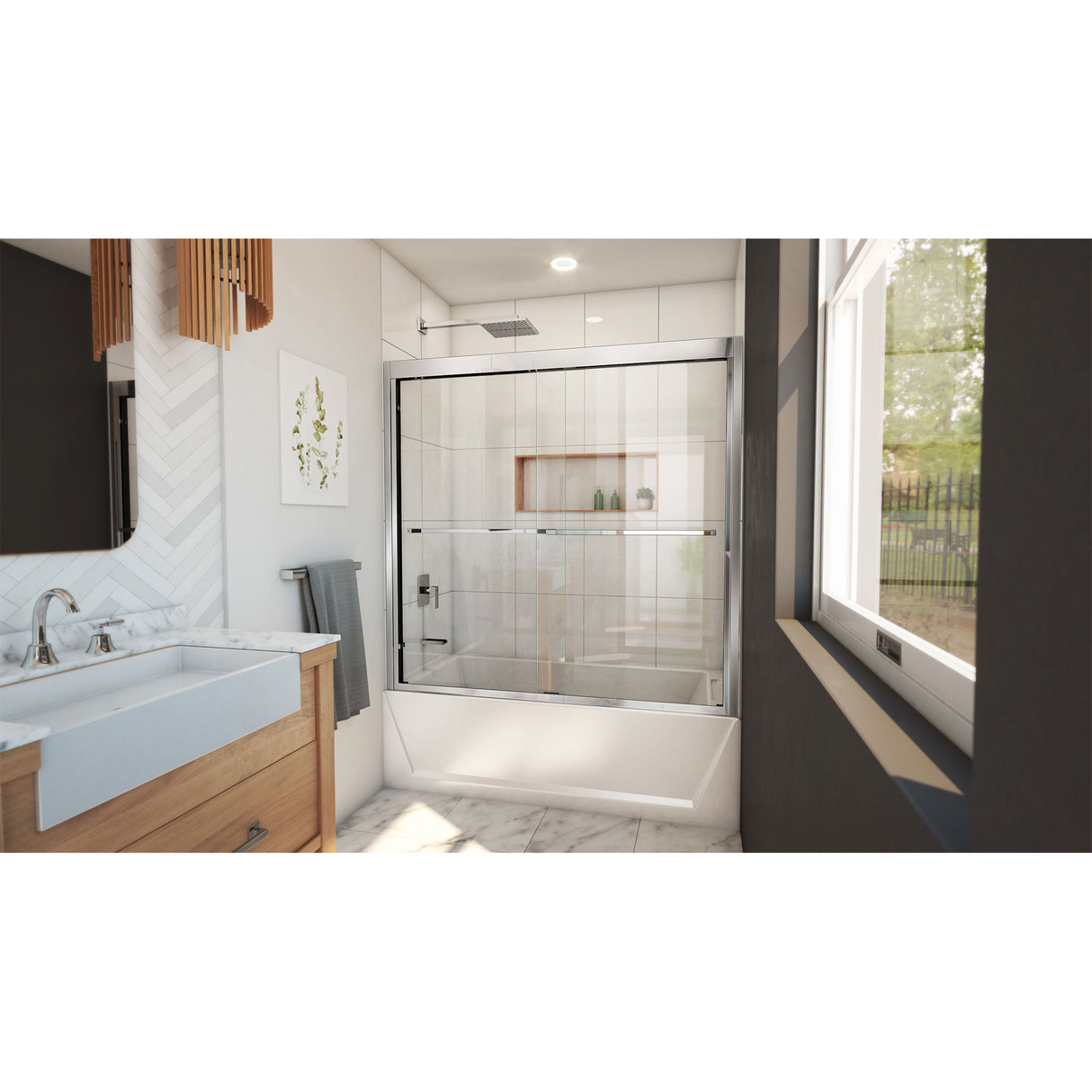 DreamLine Duet Plus 55-59 in. W x 58 in. H Semi-Frameless Bypass Sliding Tub Door in Chrome