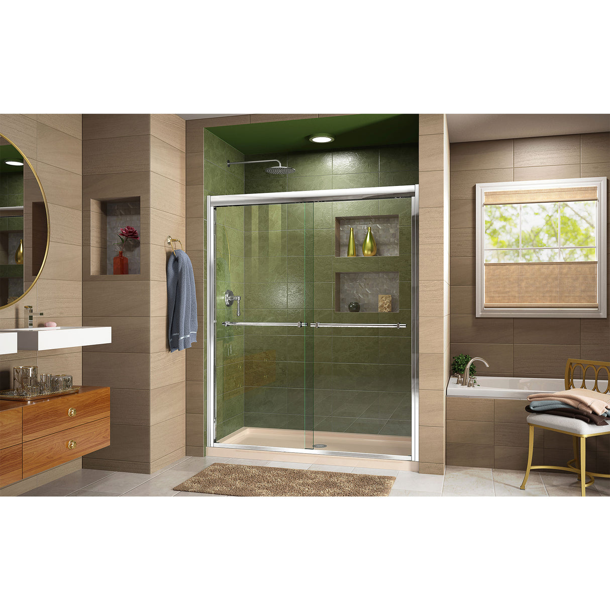 DreamLine Duet 32 in. D x 60 in. W x 74 3/4 in. H Semi-Frameless Bypass Shower Door in Chrome and Center Drain Biscuit Base