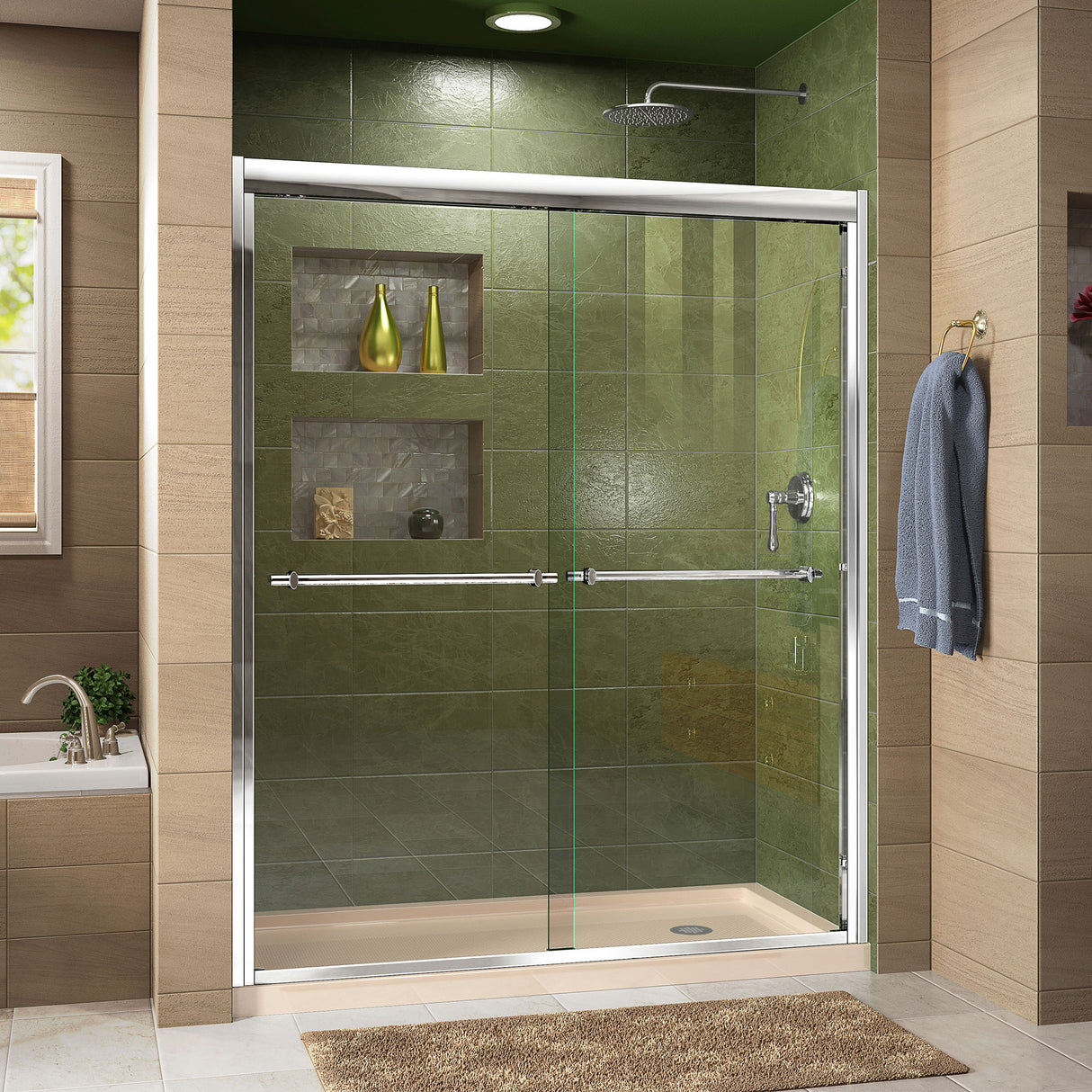 DreamLine Duet 34 in. D x 60 in. W x 74 3/4 in. H Semi-Frameless Bypass Shower Door in Chrome and Right Drain Biscuit Base