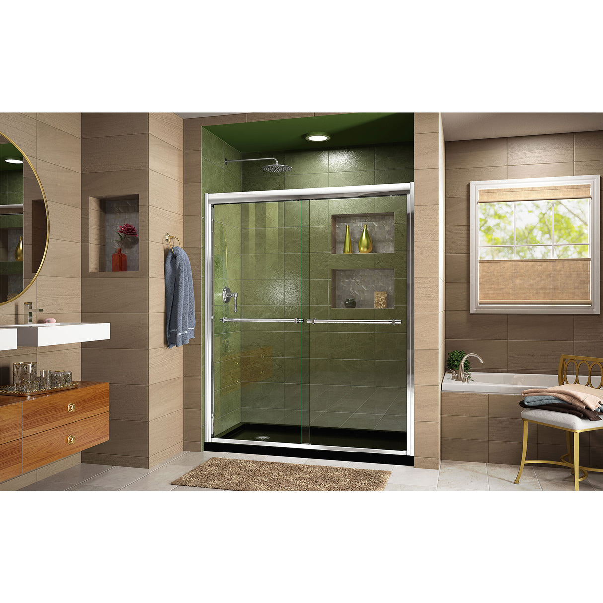 DreamLine Duet 34 in. D x 60 in. W x 74 3/4 in. H Semi-Frameless Bypass Shower Door in Chrome and Left Drain Black Base