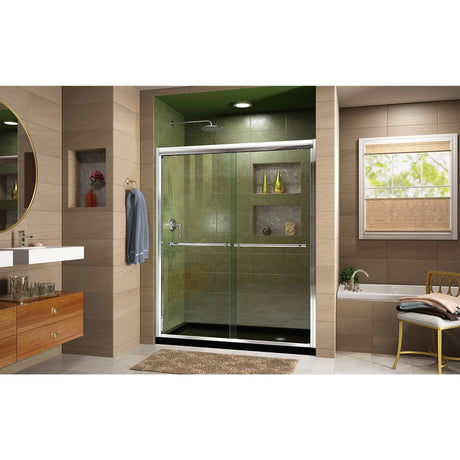 DreamLine Duet 34 in. D x 60 in. W x 74 3/4 in. H Semi-Frameless Bypass Shower Door in Chrome and Right Drain Black Base