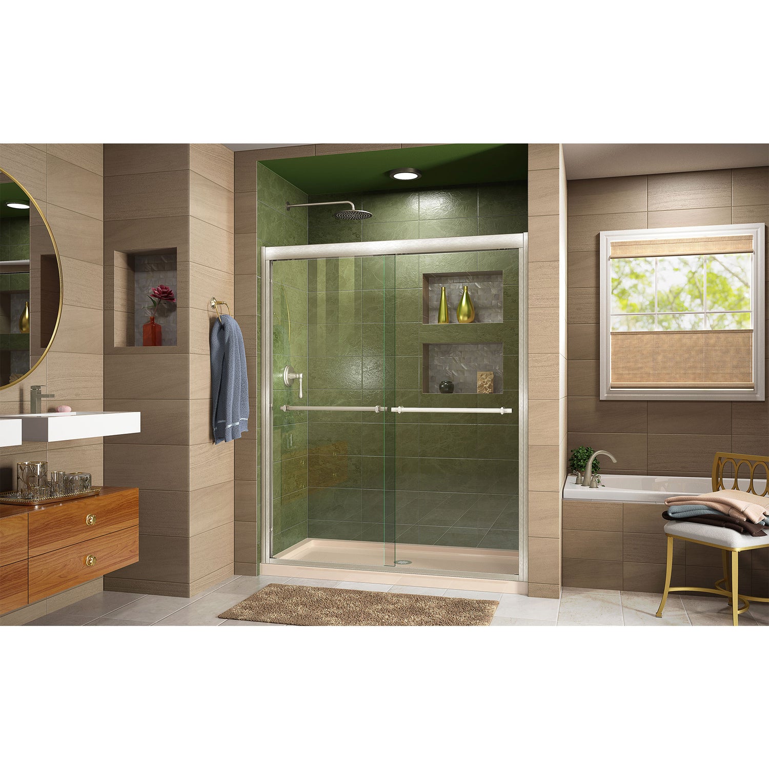 DreamLine Duet 36 in. D x 60 in. W x 74 3/4 in. H Semi-Frameless Bypass Shower Door in Brushed Nickel, Center Drain Biscuit Base