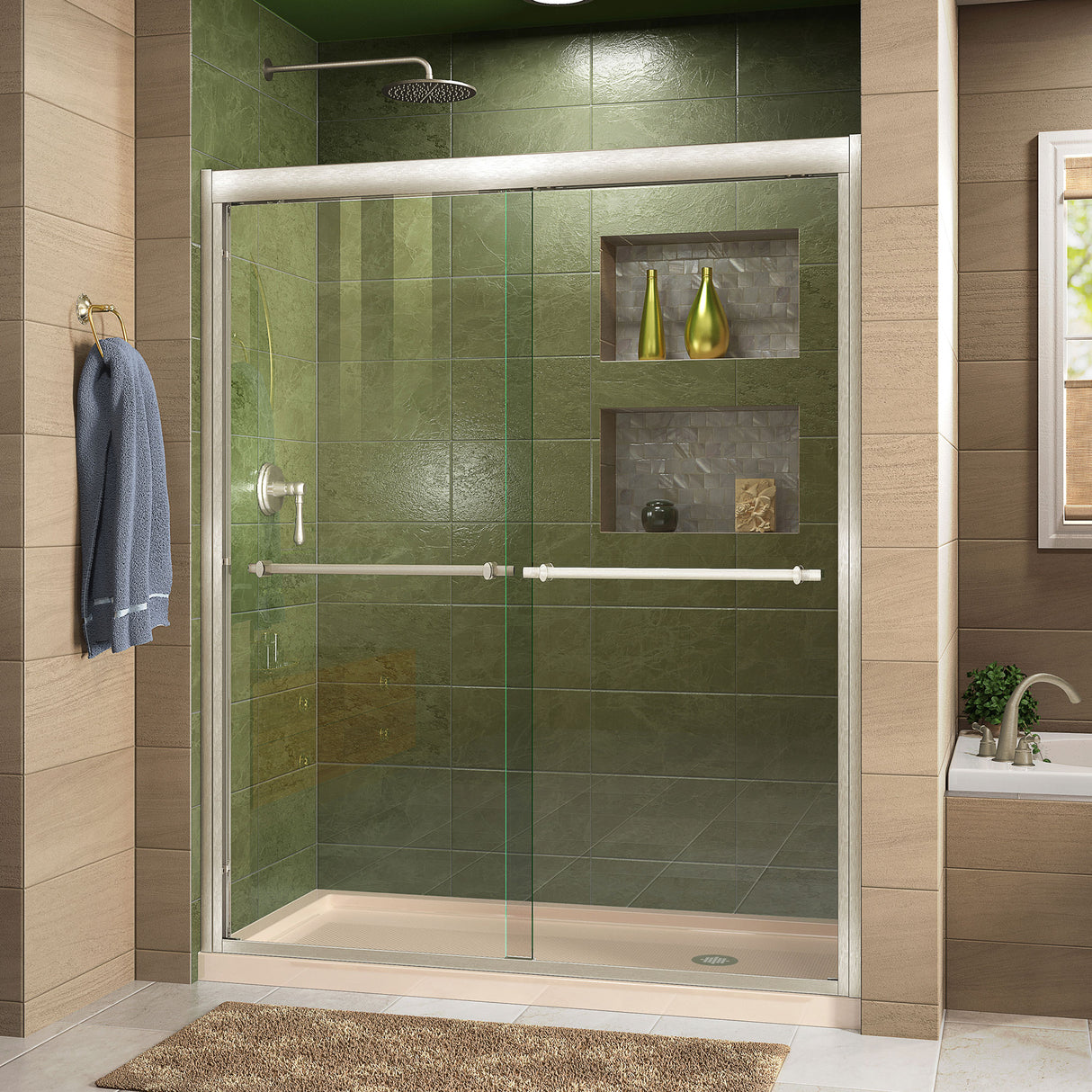 DreamLine Duet 30 in. D x 60 in. W x 74 3/4 in. H Semi-Frameless Bypass Shower Door in Brushed Nickel and Right Drain Biscuit Base