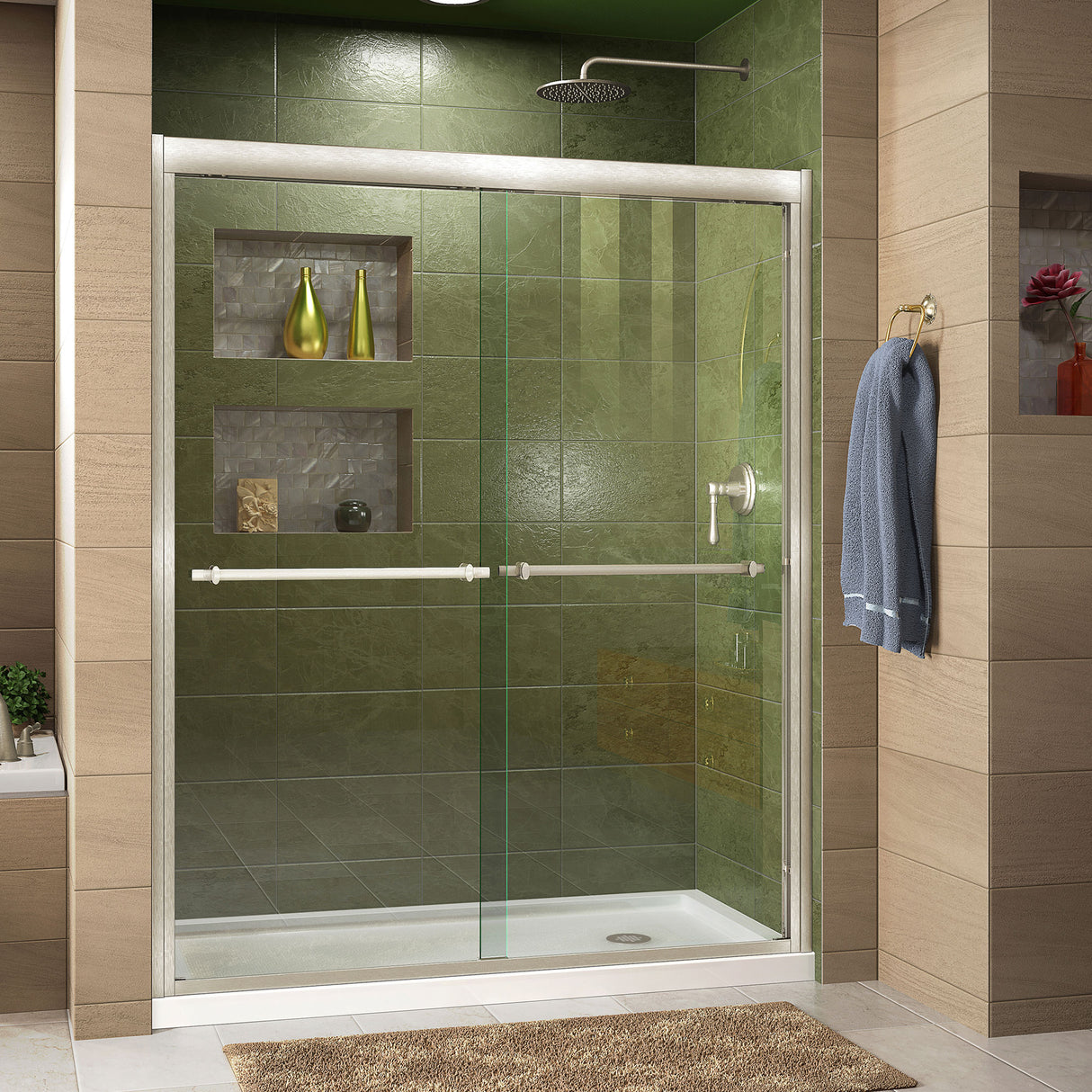 DreamLine Duet 36 in. D x 60 in. W x 74 3/4 in. H Semi-Frameless Bypass Shower Door in Brushed Nickel and Right Drain White Base