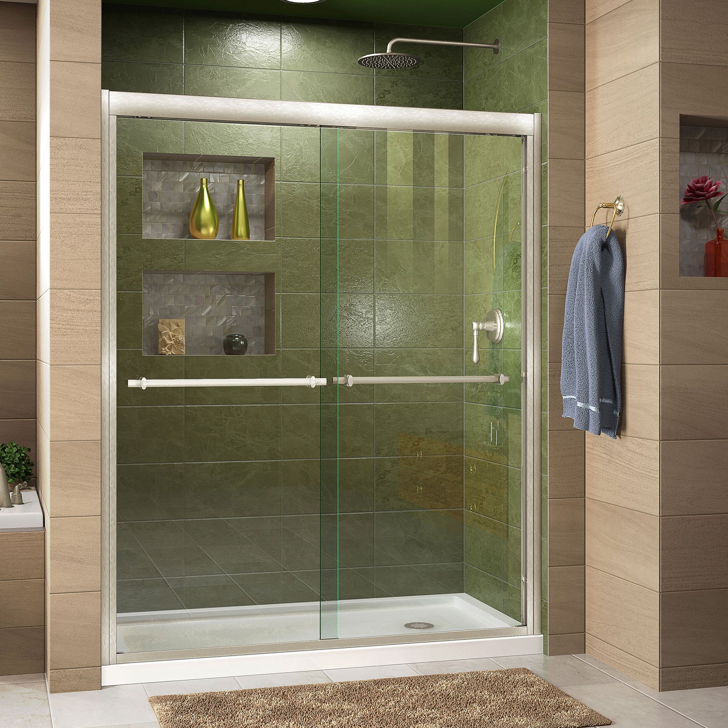 DreamLine Duet 30 in. D x 60 in. W x 74 3/4 in. H Semi-Frameless Bypass Shower Door in Brushed Nickel and Right Drain White Base