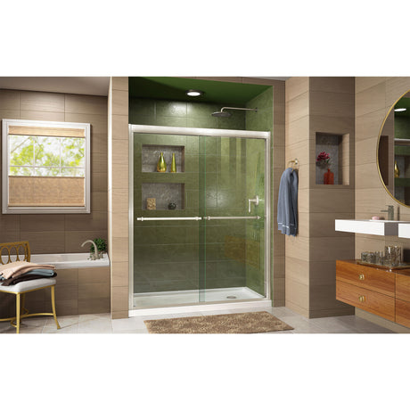 DreamLine Duet 34 in. D x 60 in. W x 74 3/4 in. H Semi-Frameless Bypass Shower Door in Brushed Nickel and Right Drain White Base