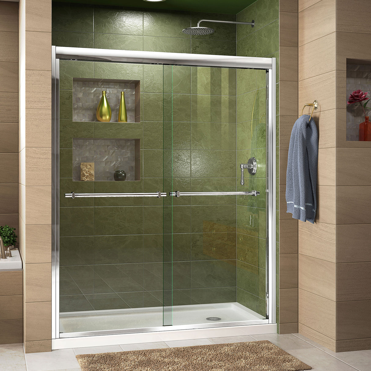 DreamLine Duet 34 in. D x 60 in. W x 74 3/4 in. H Semi-Frameless Bypass Shower Door in Chrome and Right Drain White Base