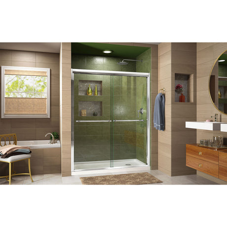 DreamLine Duet 34 in. D x 60 in. W x 74 3/4 in. H Semi-Frameless Bypass Shower Door in Chrome and Right Drain White Base