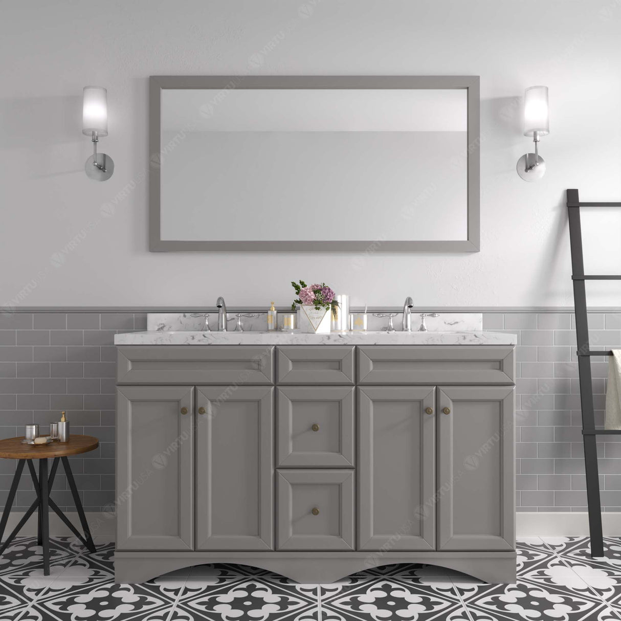 Virtu USA Talisa 60" Double Bath Vanity in White with White Quartz Top and Round Sinks with Matching Mirror